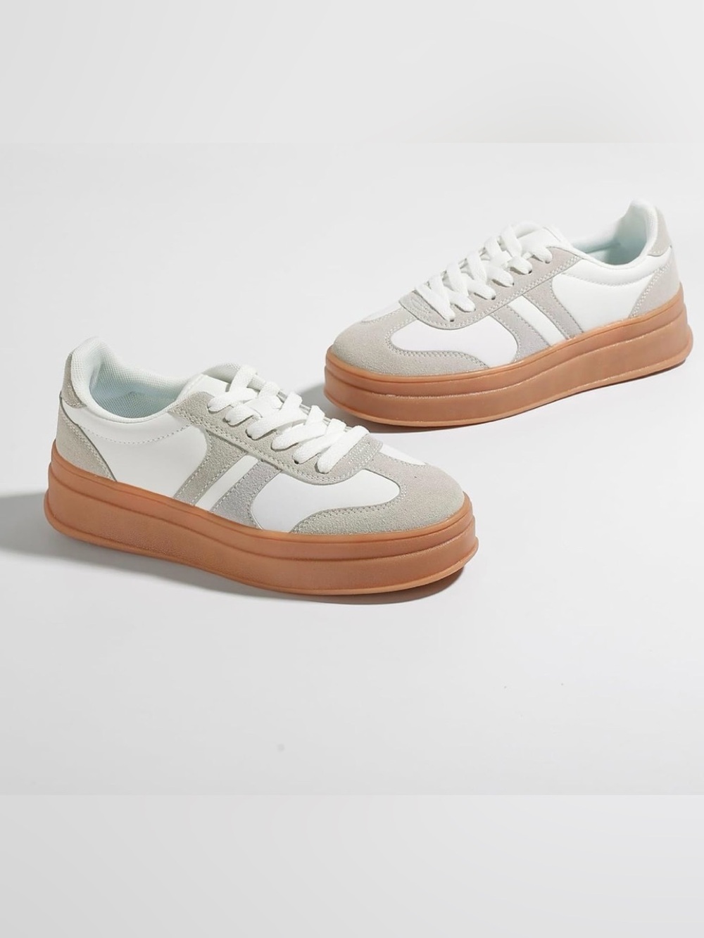 Platform Lace-Up Sneakers in White and Tan